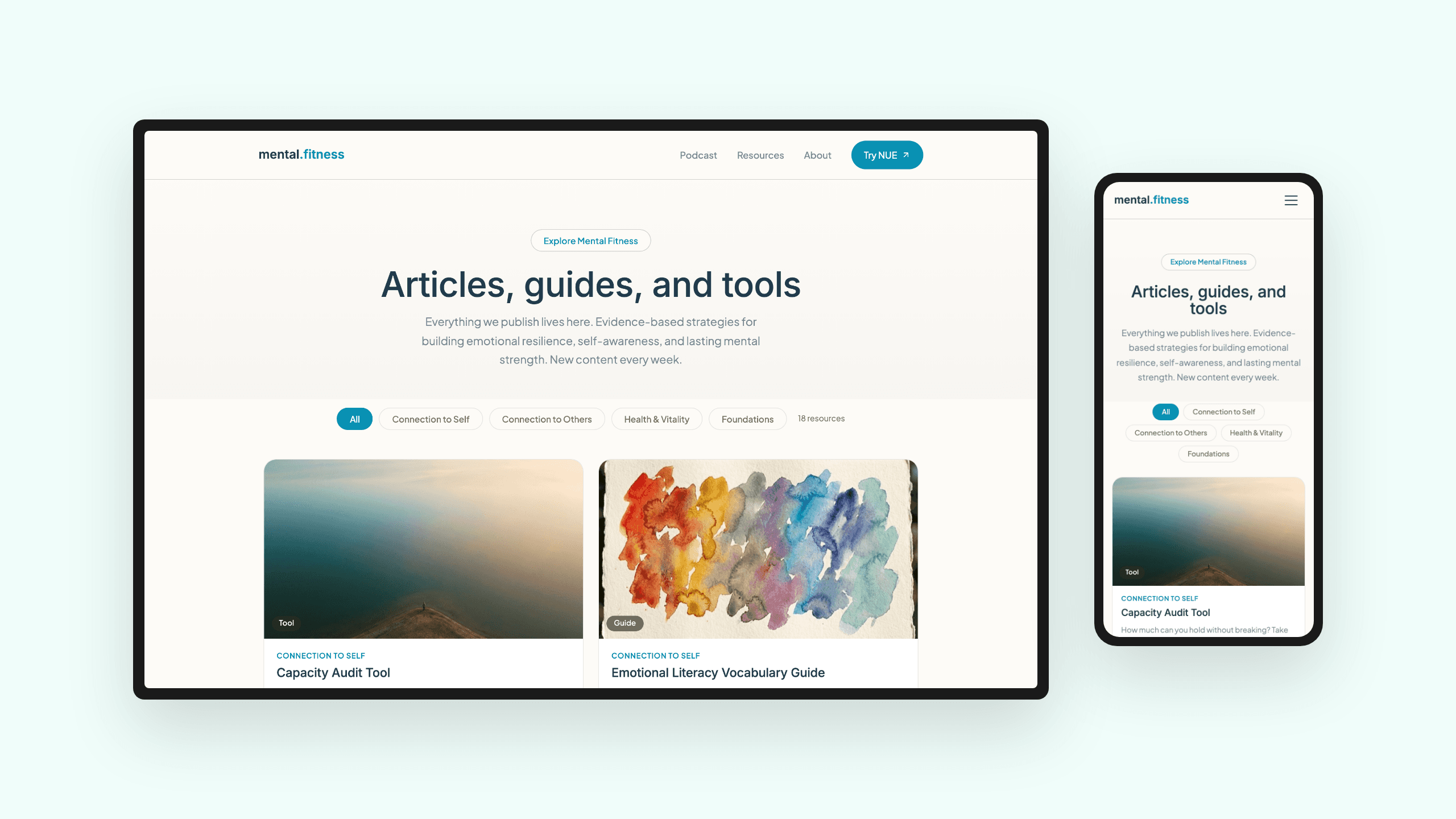 mental.fitness resources hub — desktop and mobile
